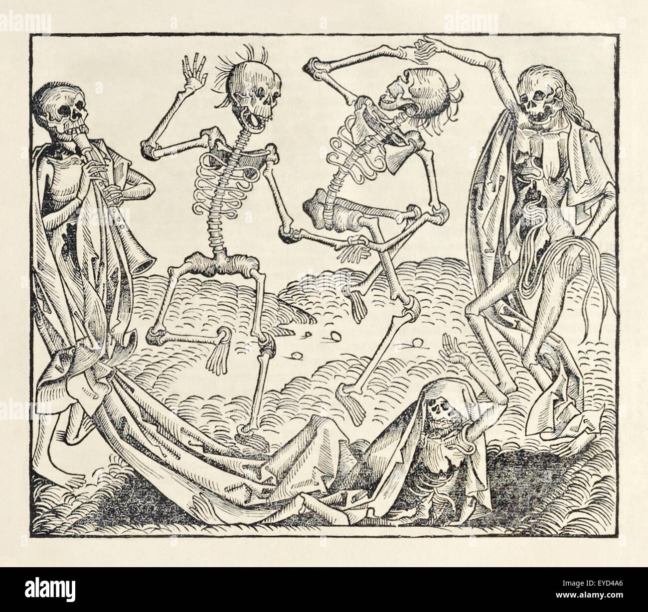 „Tanz des Todes“ (alias „Danse Macabre“) aus „Liber Chronicarum“ von Hartmann Schedel (1440–1514), veröffentlicht 1493, Holzschnitt von Michael Wolgemut (1434–1519). Fotografie aus dem Jahr 1493 erste Auflage in lateinischer Sprache in Nürnberg. Kredit: Private Collection/AF Fotografie Stockfoto