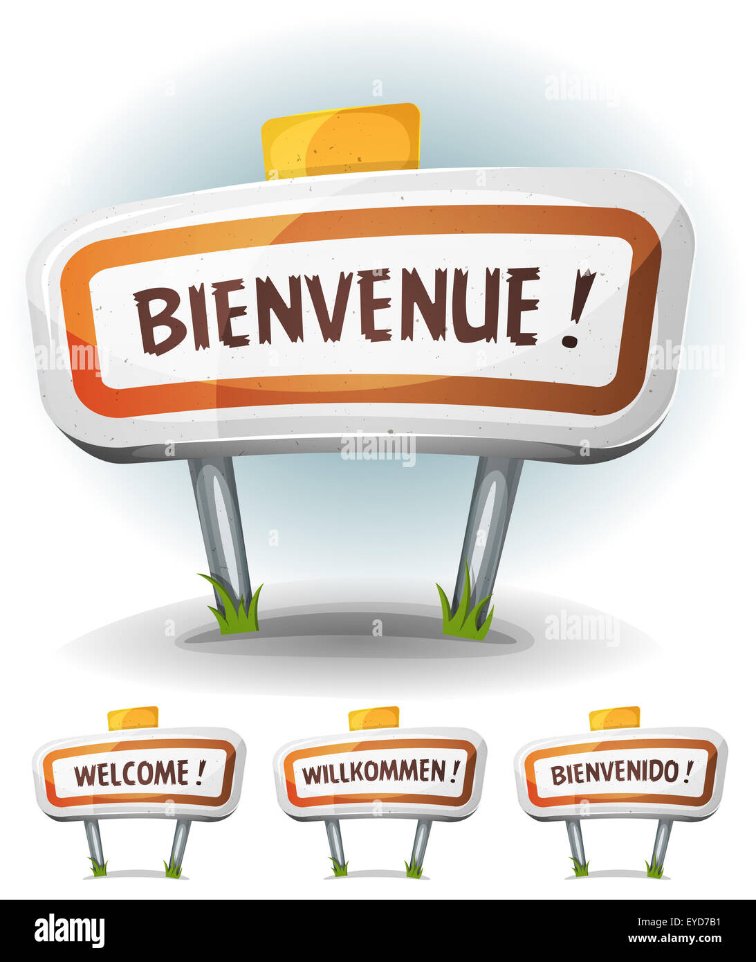 Abbildung einer Cartoon Comic-französische Stadt Straße unterzeichnen in französischer, deutscher, spanischer und englischer Sprache Stockfoto