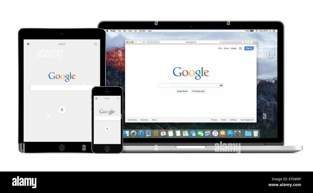 Varna, Bulgarien - 2. Februar 2015: Google app auf Apple iPhone und iPad Displays und Google-Suche auf Apple Macbook Pro Bildschirm. Stockfoto
