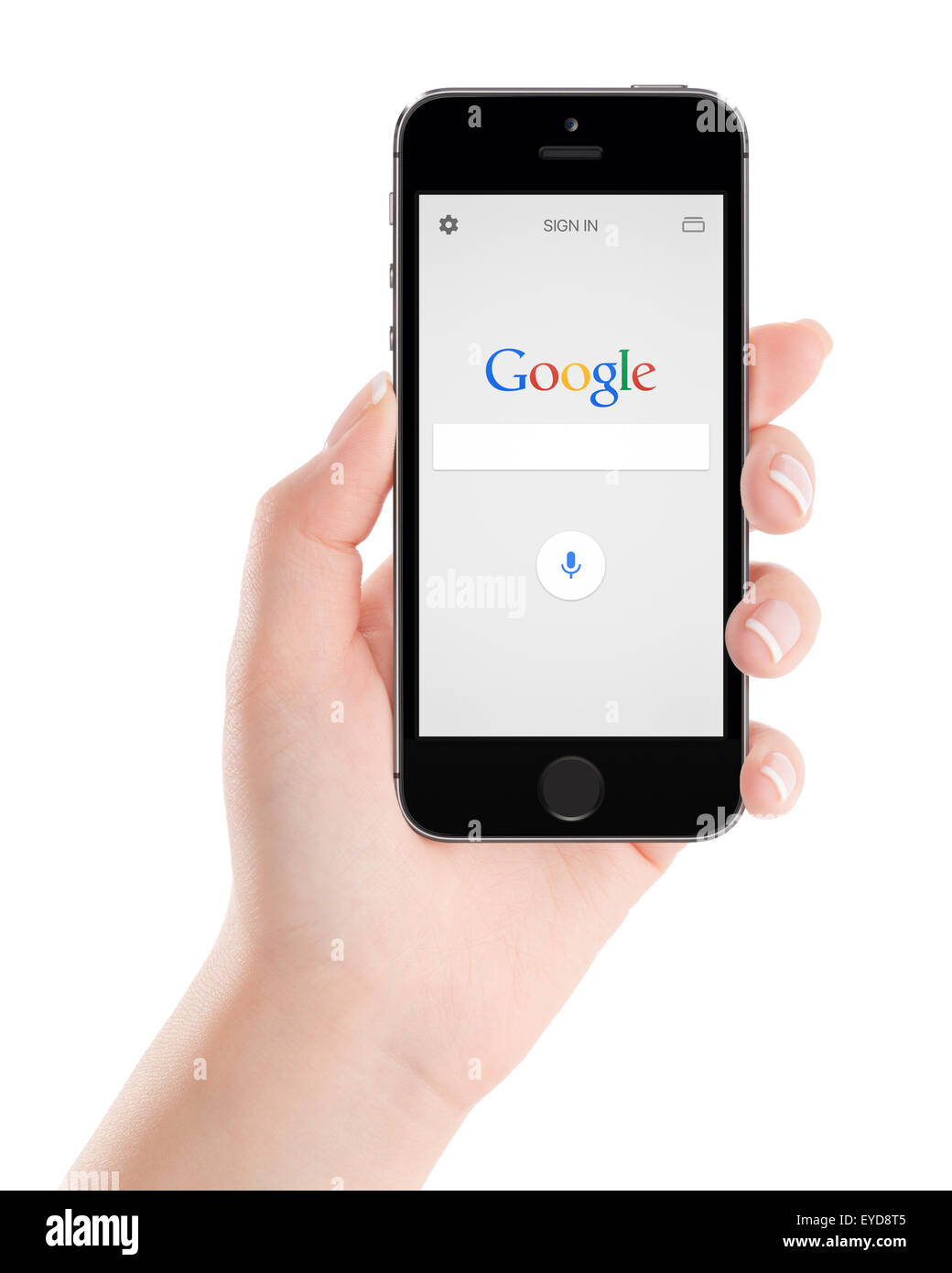 Varna, Bulgarien - 2. Februar 2015: Google Such-Anwendung auf dem schwarzen Apple iPhone 5 s Display in weiblicher Hand. Stockfoto