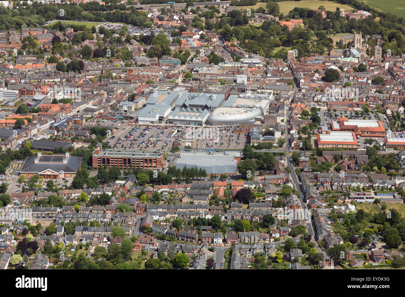 Luftaufnahme des Stadtzentrums Bury St Edmunds, Suffolk, UK Stockfoto