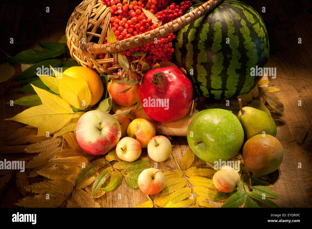 Stillleben Wassermelone Apfel Obst essen Weidenkorb Studio horizontale Essen Ebereschenbeere Beeren Produktobjekten hautnah Stockfoto