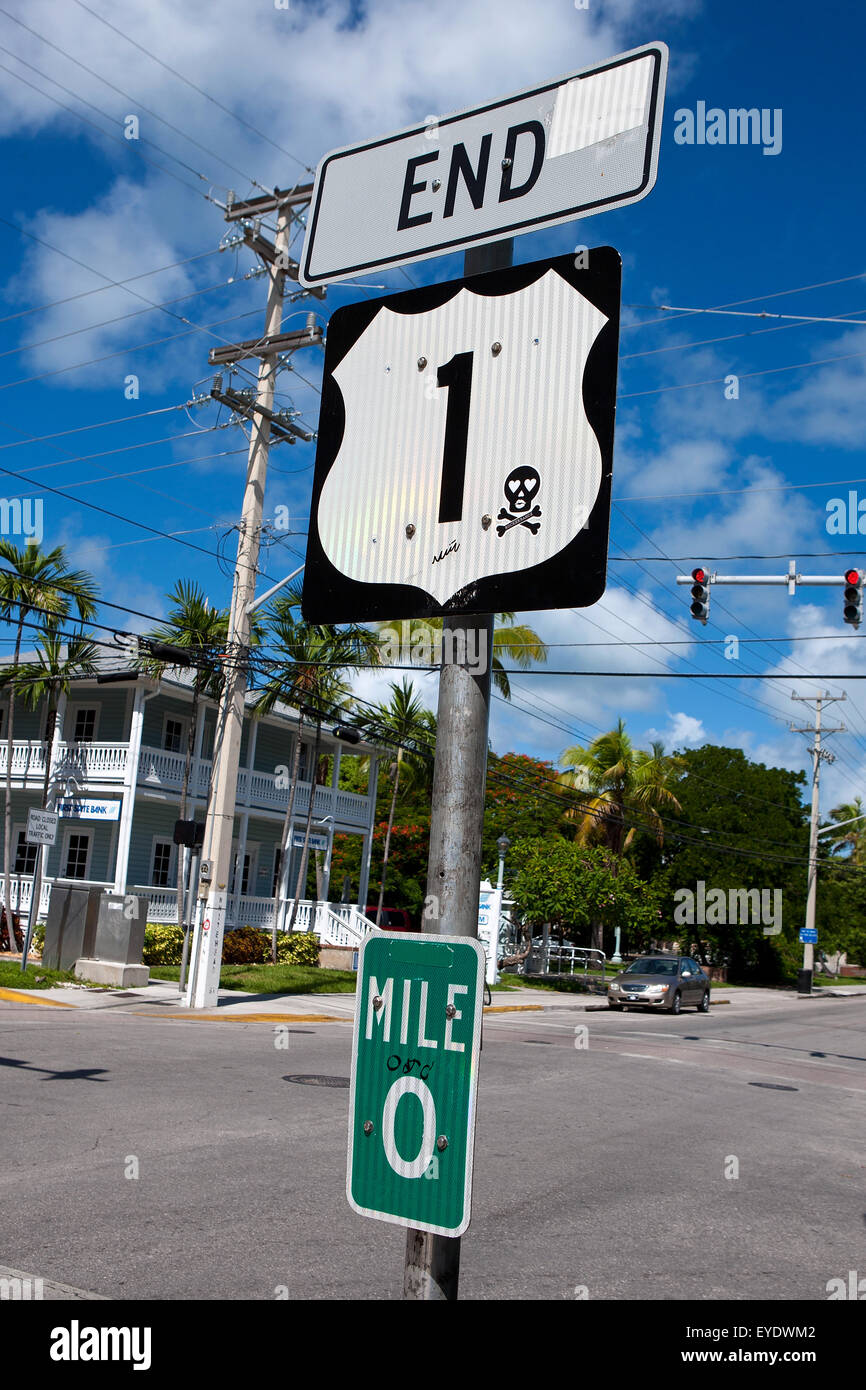 Meile 0 Zeichen am Ende des US Hwy 1, Key West, Florida, Vereinigte Staaten von Amerika Stockfoto