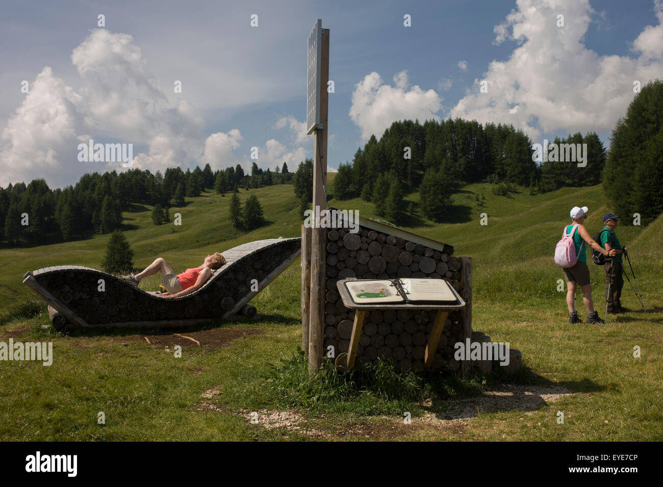 Rest-Sitzfläche aus Protokollen in der Pralongià über San Cassiano-St. Kassian in den Dolomiten, Südtirol, Norditalien aus. Im Winter sind die Pralongià wiesen das Herz Badias Skigebiet. Stockfoto