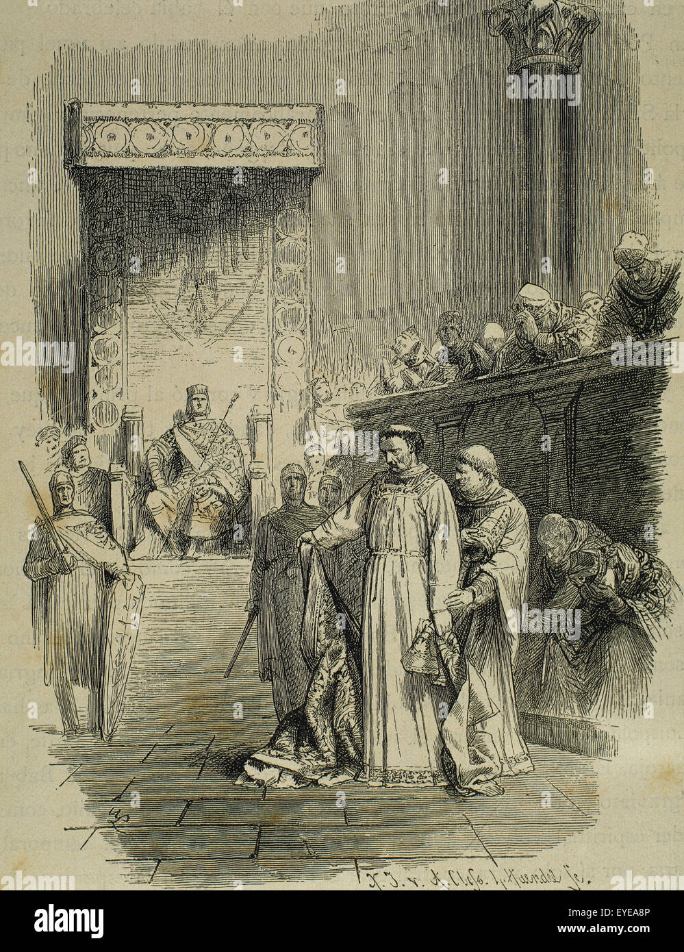 Heinrich III. (1017-1056). Die schwarze genannt. Kaiser des Heiligen Römischen Reiches. Synode von Sutri (1046). Kupferstich von A. Closs. Stockfoto