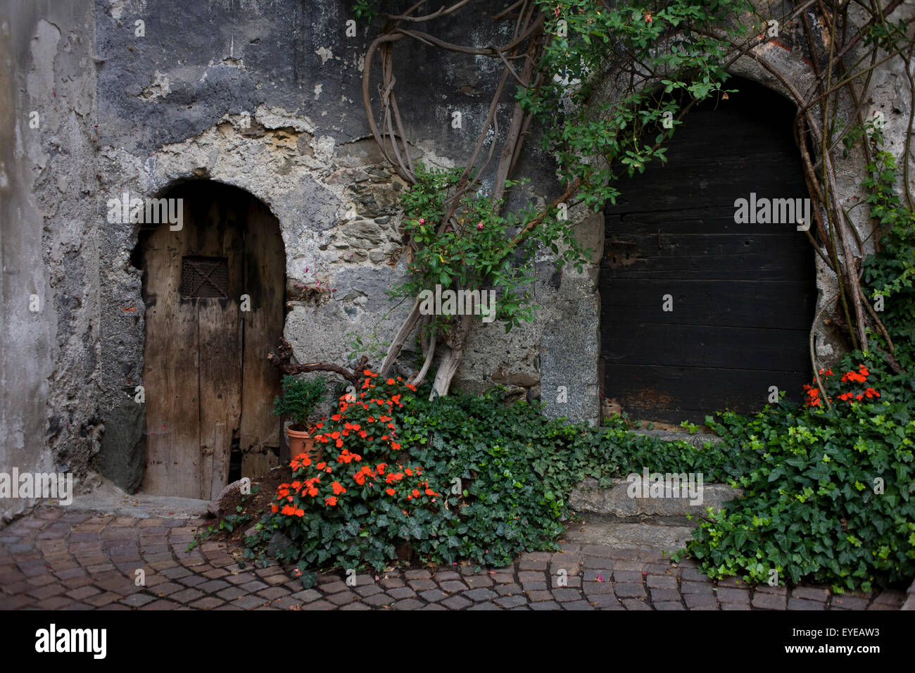 Typische hölzerne Türen in einem Backstreet Innenhof der modernen Stadt von Klausen-Chiusa in Südtirol, Norditalien. Stockfoto