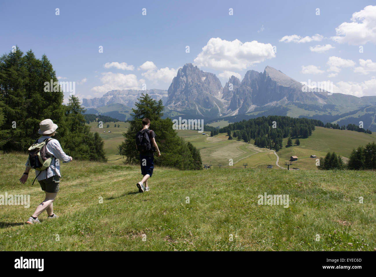 Wanderer auf dem Hochplateau Seiser, oberhalb der Südtiroler Stadt von St. Ulrich-Sankt Ulrich in den Dolomiten, Italien. Stockfoto