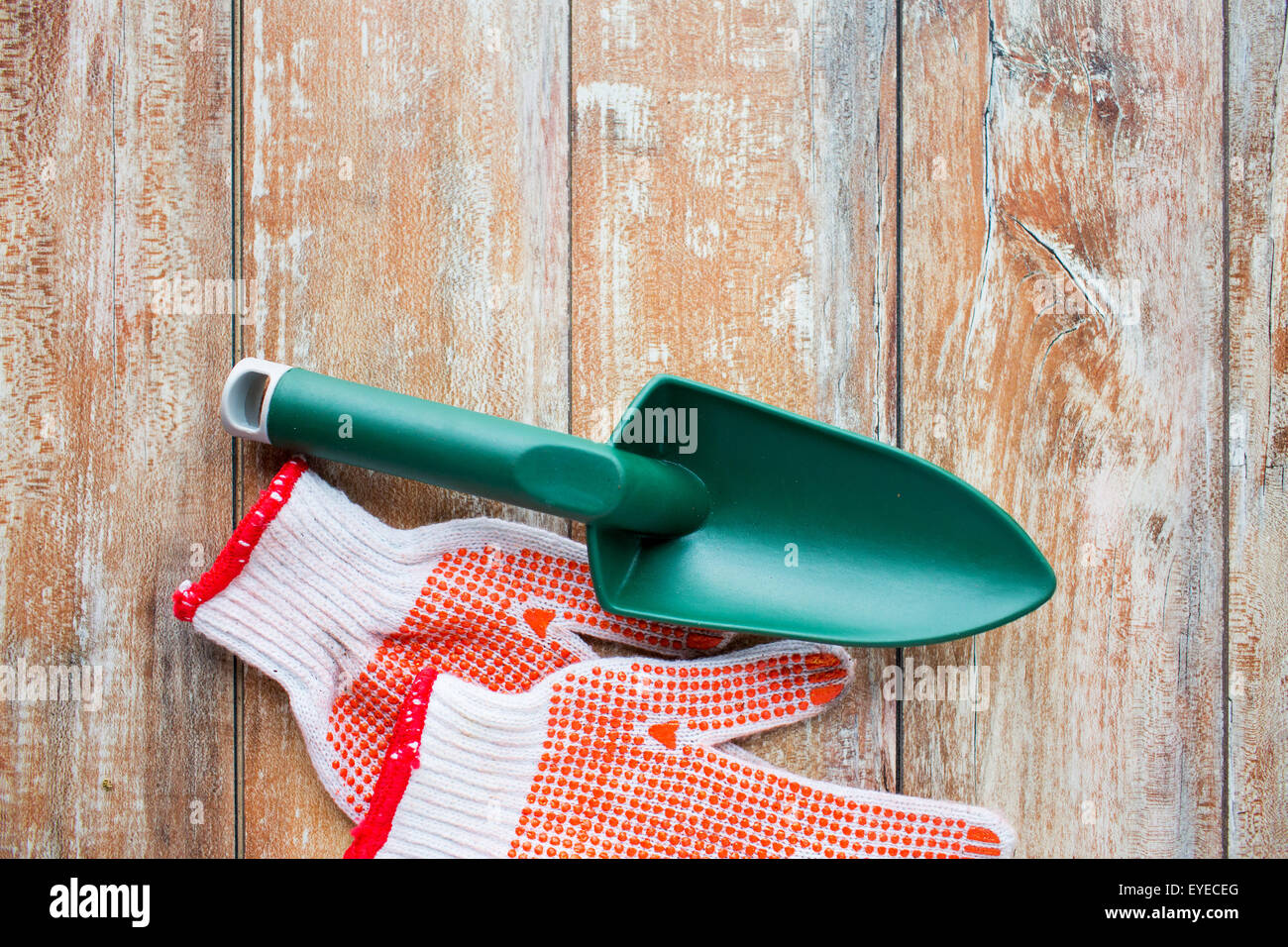 Nahaufnahme von Kelle und Garten-Handschuhe Stockfoto