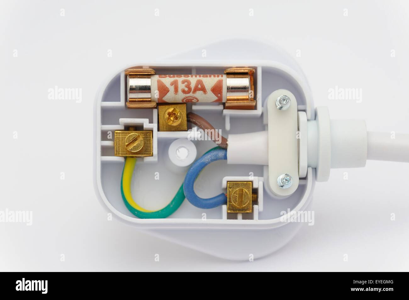 13 Amp fused inländischen Stecker zeigt die interne Verdrahtung Layout. Stockfoto