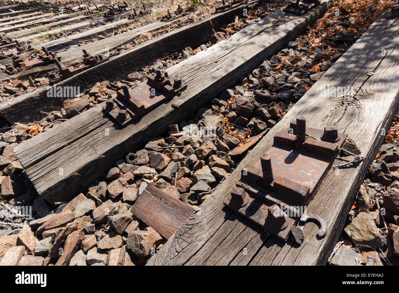alte Eisenbahn, Eisenbahn, Schienen, die Alterung als Time Goes by - Holz verwittert Stockfoto
