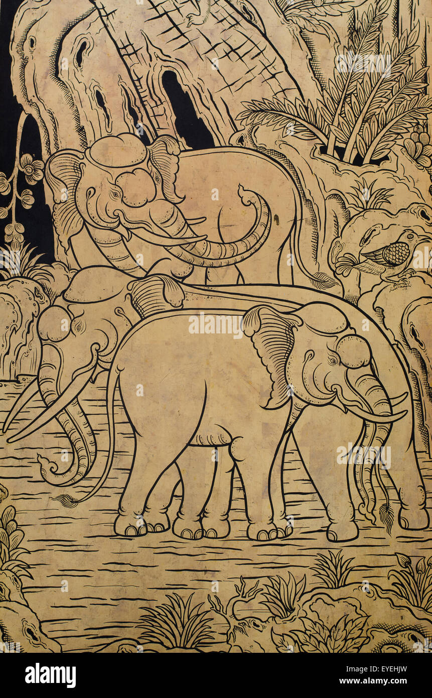 Elefant Zeichnung im thailändischen klassischen Kunst-Stil auf den vergoldeten Handwerk. Stockfoto