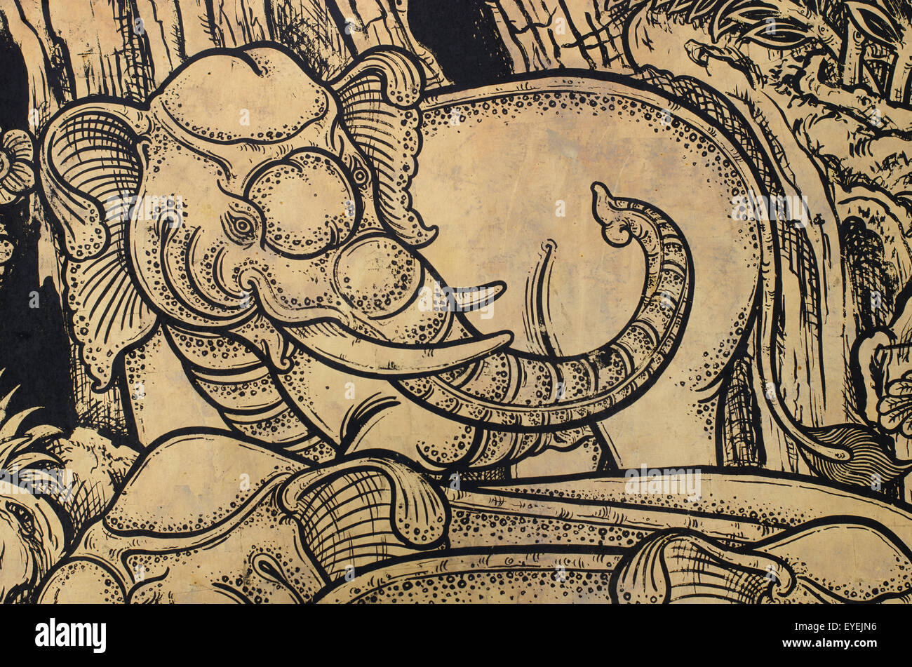 Detail der Zeichnung der Elephant Thai Art klassisch auf den vergoldeten Handwerk. Stockfoto