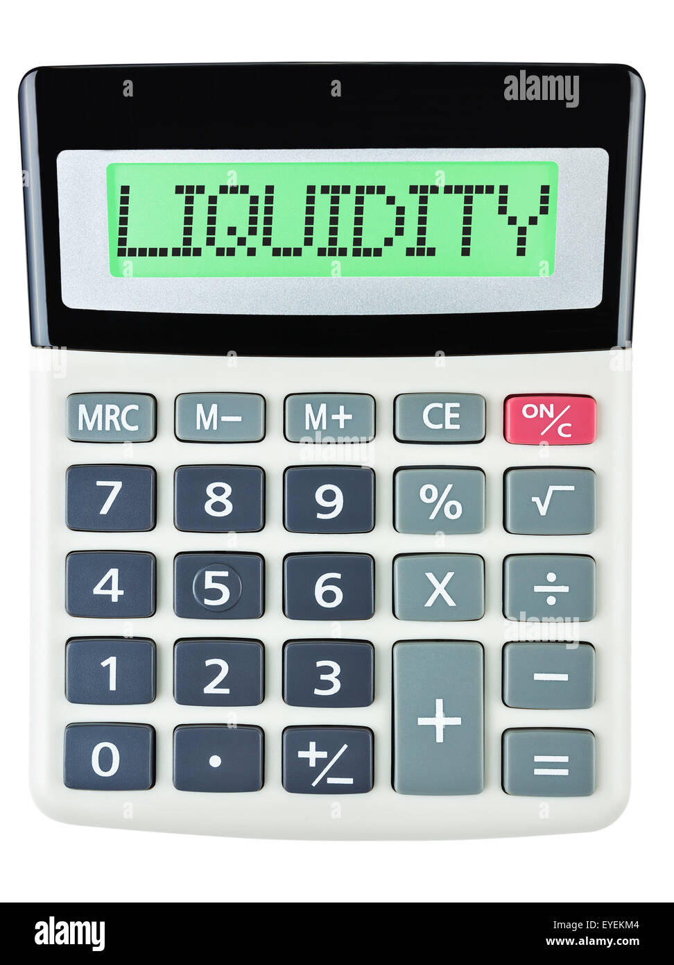 Taschenrechner mit Liquidität am display isolierten auf weißen Hintergrund Stockfoto