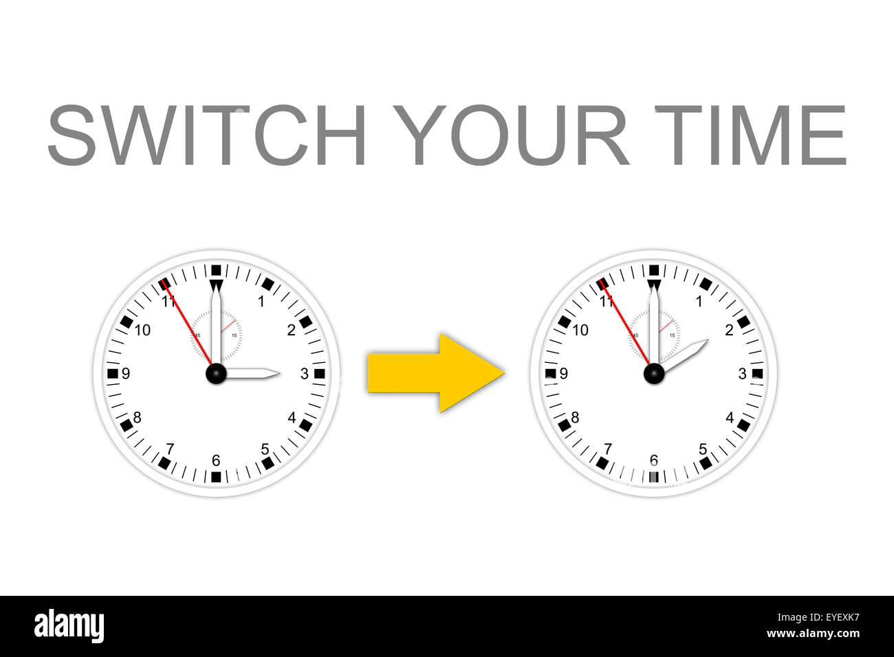 Abbildung von zwei Uhren für Wechsel Sommer-/ Winterzeit und Text-Schalter IHRE Zeit Stockfoto