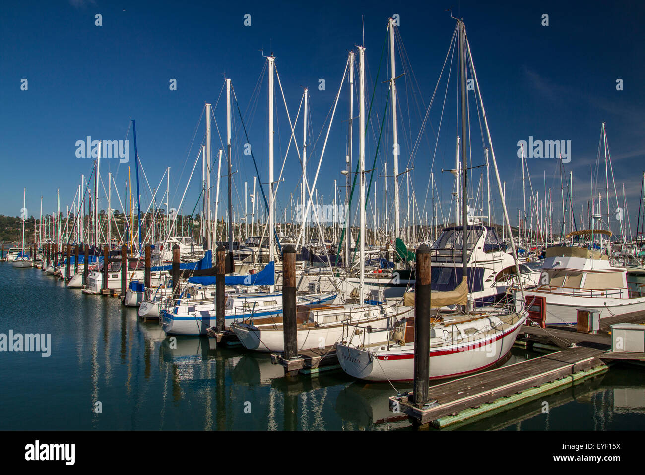 Yachten und Boote, die an Liegeplätzen in Sausalito Marina, Kalifornien, vertäut sind Stockfoto