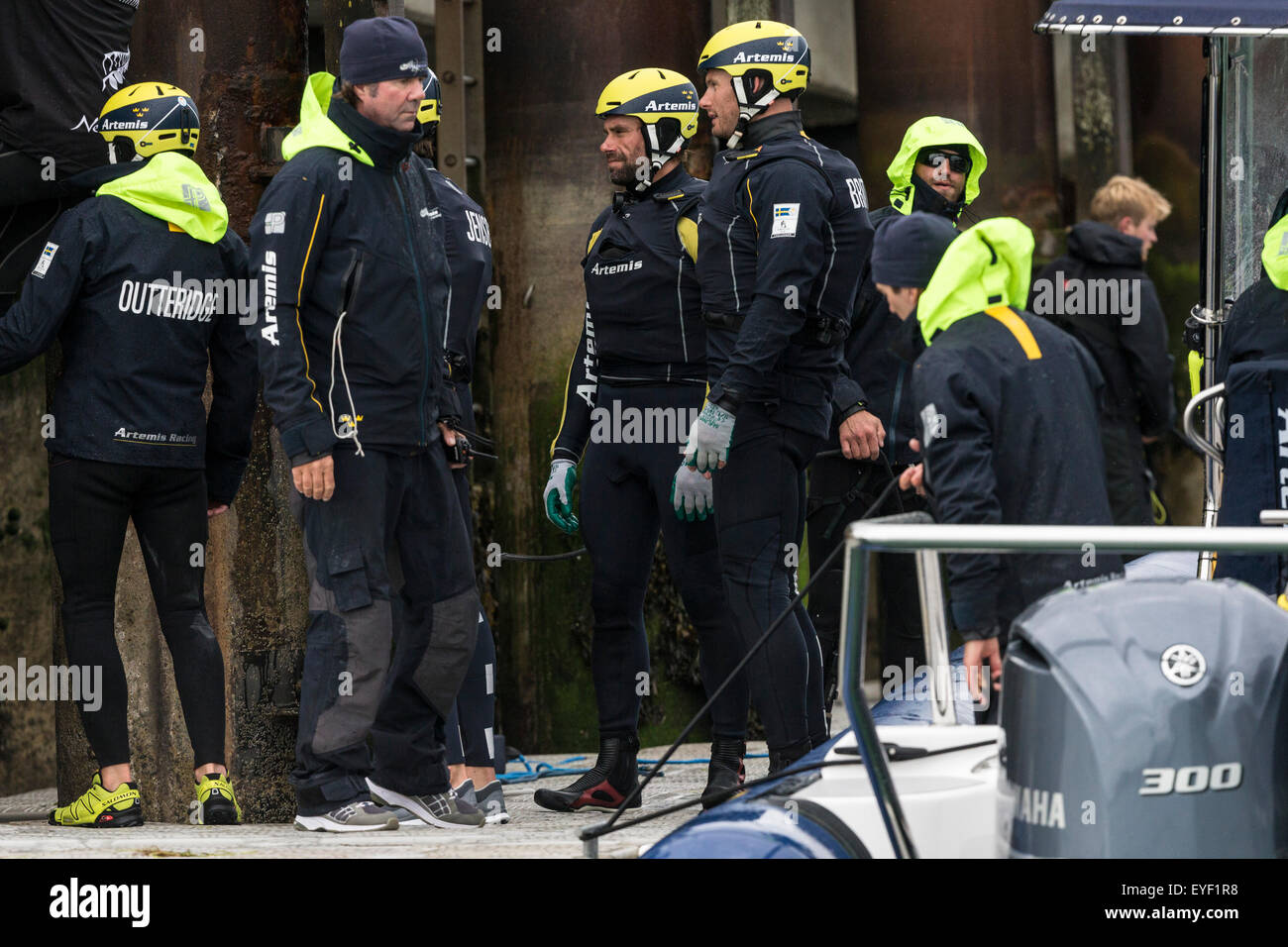 Iain Percy, der bärtige britischen Skipper des schwedischen Artemis Racing Teams Landgang auf des America Cup World Stockfoto