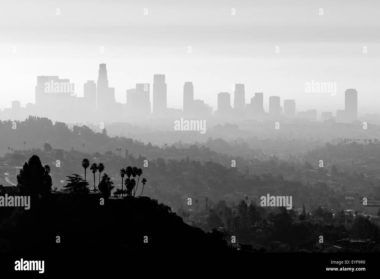Die Innenstadt von Los Angeles Smog und Nebel schwarz und weiß. Stockfoto