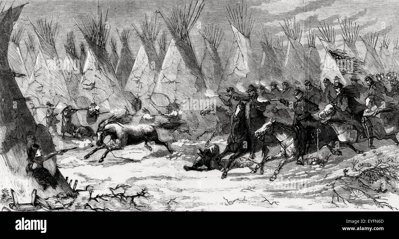 Die 7. US-Kavallerie laden in Black Kettle Dorf bei Tageslicht - die Schlacht von Washita River (auch ereignete sich genannte Schlacht von der Washita oder das Washita-Massaker am 27. November 1868 als Oberstleutnant George Armstrong Custer 7. US-Kavallerie Black Kettle südlichen Cheyenne Camp am Washita River angegriffen Stockfoto