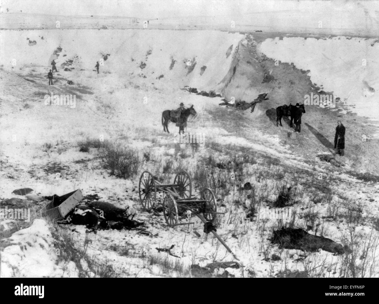 Vogelperspektive des Canyon am Wounded Knee, South Dakota - Tote Pferde und Indianer, 1891 Stockfoto