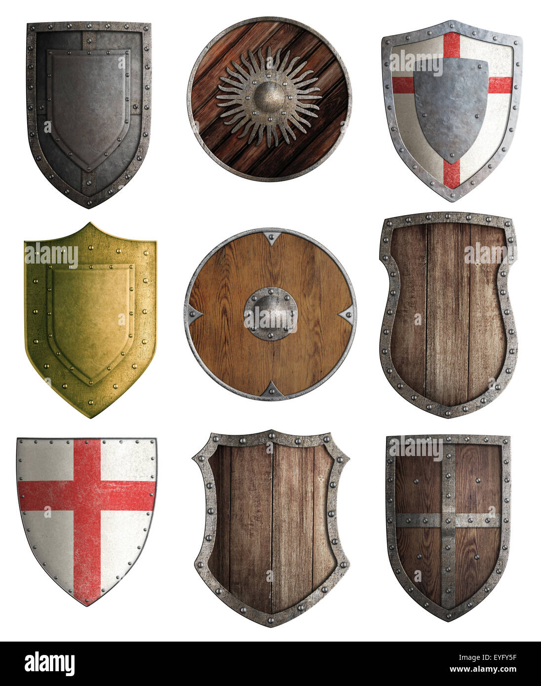 mittelalterliche Ritter Schilde gesetzt isoliert Stockfoto