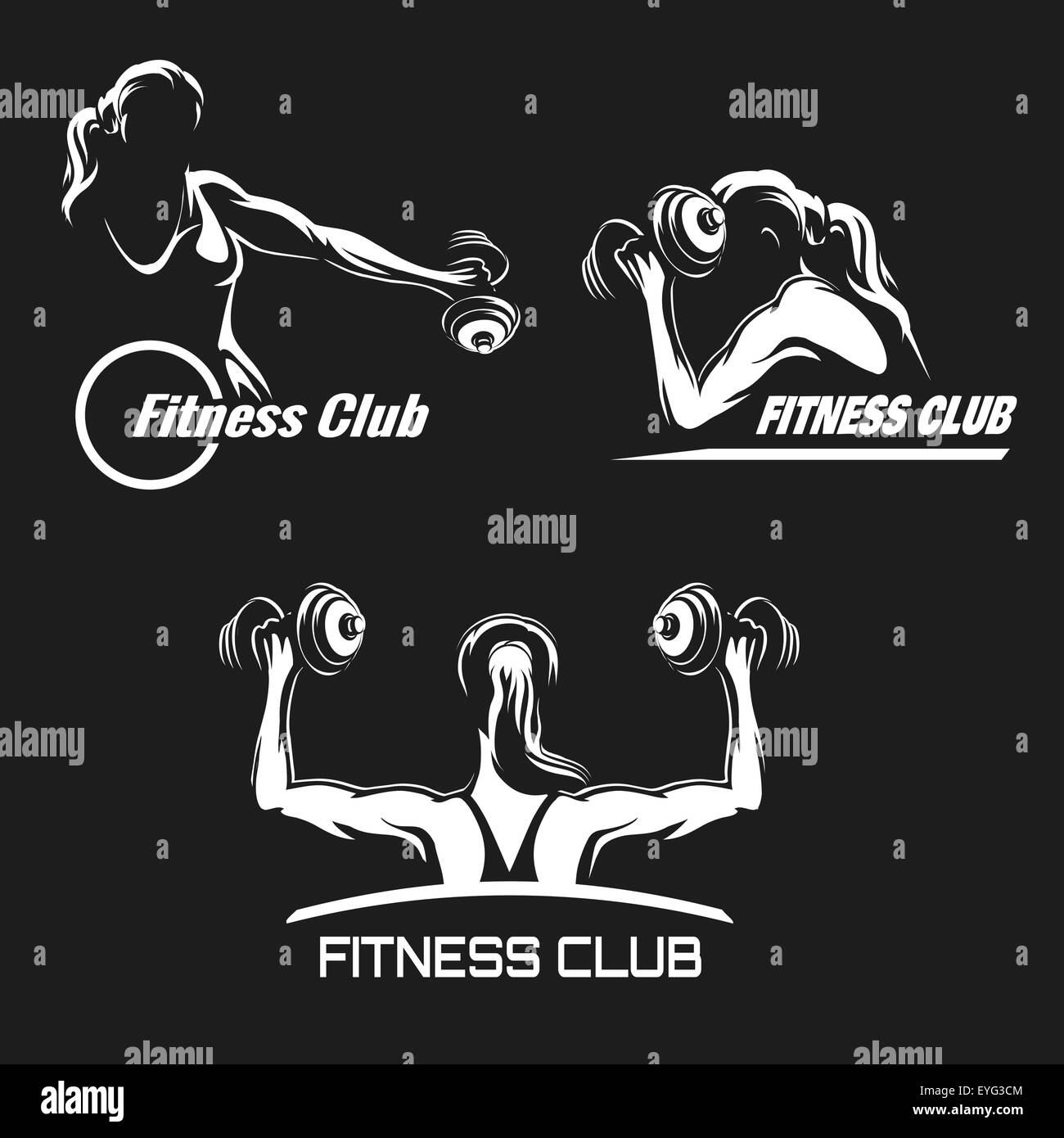 Fitness-Club-Logo oder Wappen festgelegt. Training muskulöse Frau. Frau hält Hanteln in verschiedenen Positionen. Nur kostenlose Schriftart verwendet. Weiß Stock Vektor