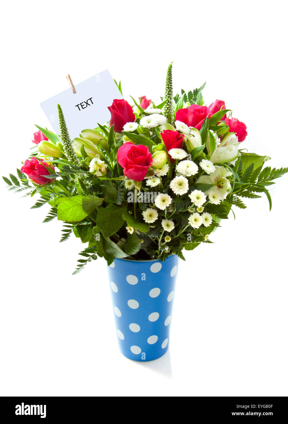 Strauß mit verschiedenen Arten von Blumen in blauer Vase über weiß gefleckte Stockfoto