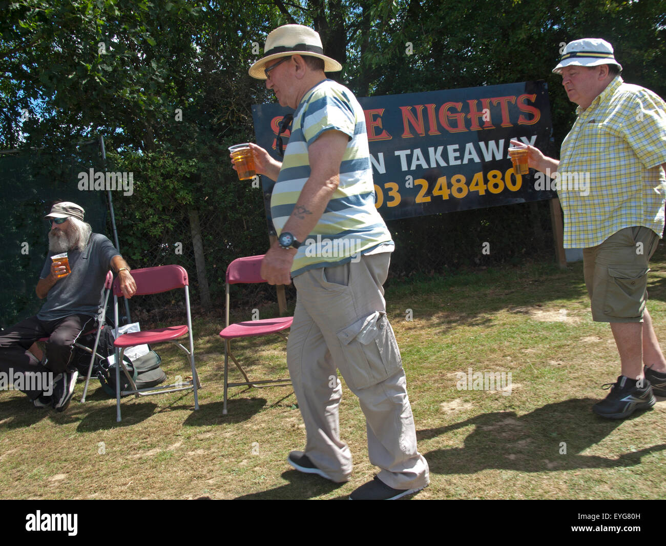 Englische Cricket-Fans viel Spaß beim betrachten ihr Spiels an einem sonnigen Tag in West Sussex Stockfoto