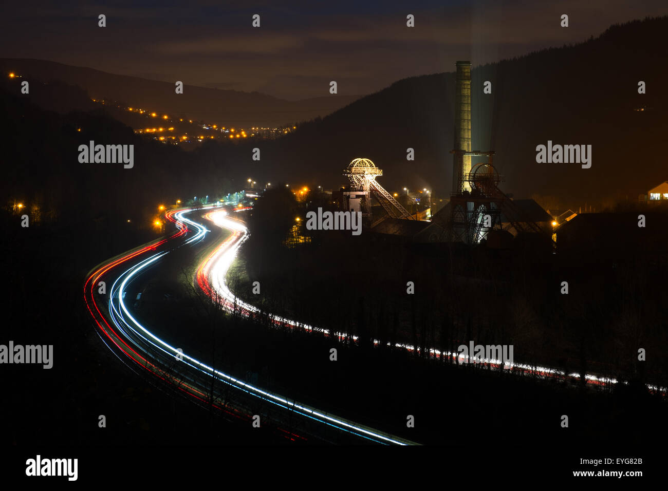 Rhondda Valley Nachtloipe Stockfoto