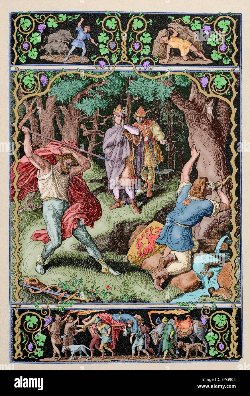 Nibelungenlied. 13. Jahrhundert. Anonymen deutschen Epos basierend auf die Legenden von Siegfried und das Volk der Nibelungen. Der erste Teil. Gesang XVI. Siegfried von Hagen bei der Jagd getötet. Kupferstich, 19. Jahrhundert. Farbige. Stockfoto