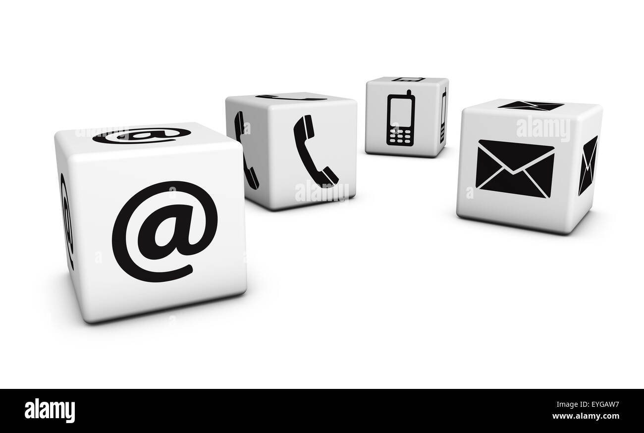 Web Kontakt Internet-Konzept mit e-Mail, Handy und schwarze Symbole und Symbol auf vier weißen Würfel für Website und Blog. Stockfoto
