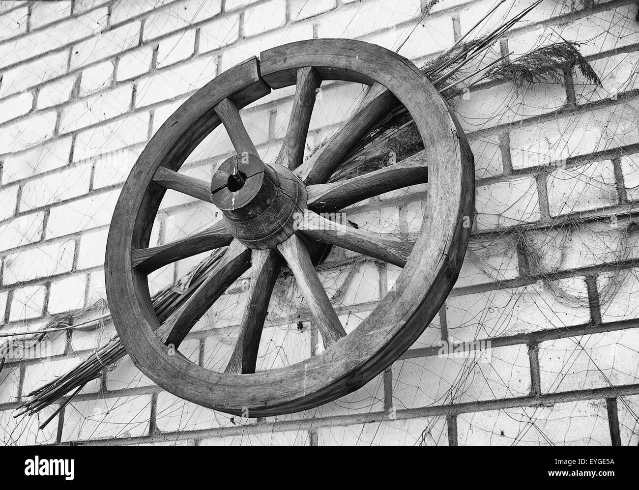Antikes Holz Wagenrad hängen an der Wand als Dekoration. Stockfoto