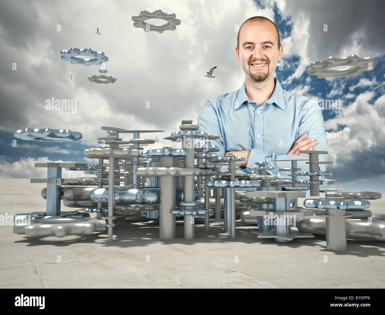 lächelnder Mann und 3D-Industrie planen Stockfoto