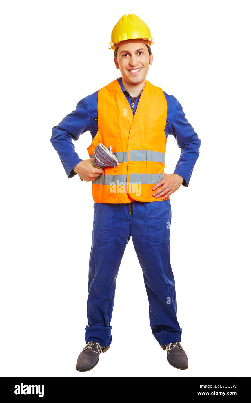 Glücklich Arbeiterin mit Bauarbeiterhelm und Sicherheit Weste Stockfoto