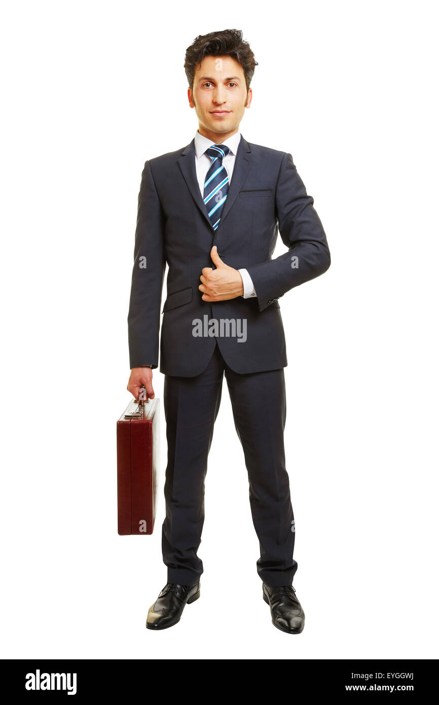 Business-Mann in einem Anzug Frontal mit dem Aktenkoffer isoliert auf weißem Hintergrund Stockfoto