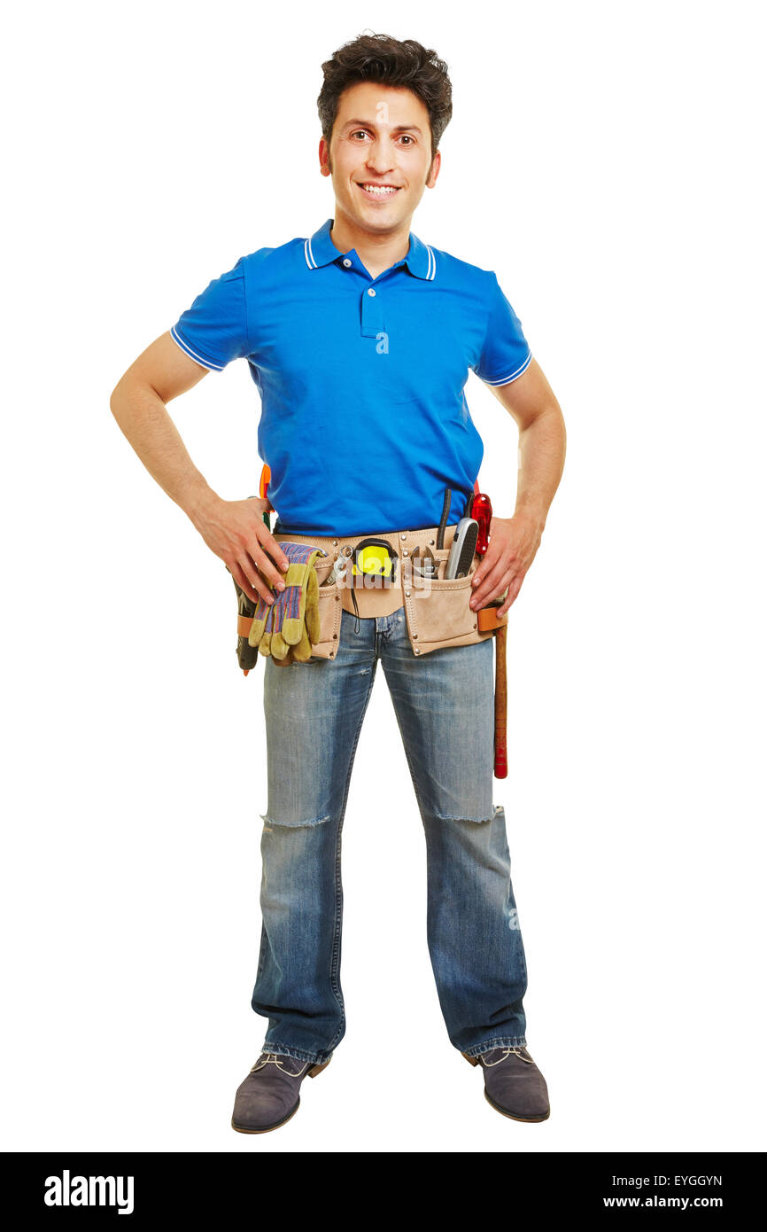 Glücklich Handyman mit Werkzeuggürtel isoliert auf weißem Hintergrund Stockfoto