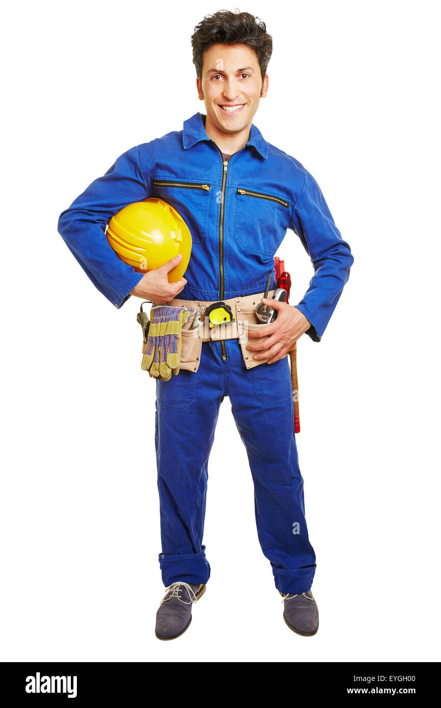 Arbeiter mit Bauarbeiterhelm und blauen Overall und Werkzeuggürtel isoliert auf weißem Hintergrund Stockfoto