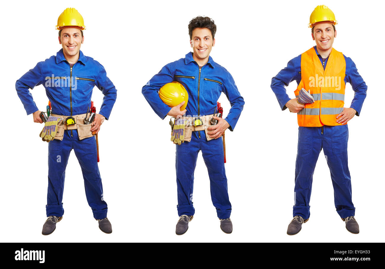 Drei Versionen der Arbeiterin mit Overall und Helm isoliert auf weiss Stockfoto