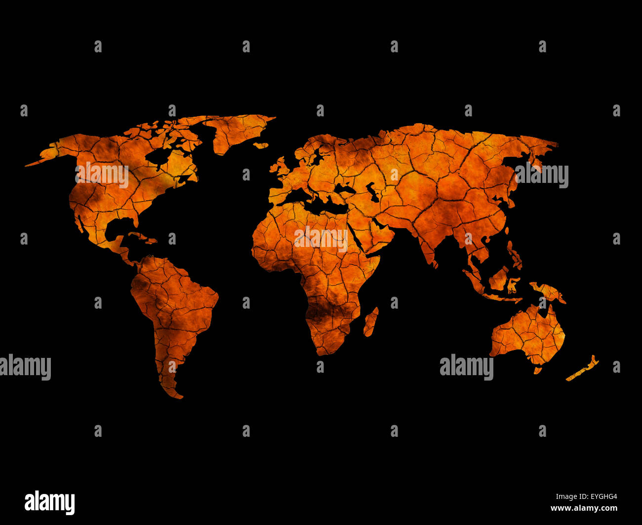 Geknackt und verbrannte Erde Karte der Welt. Stockfoto