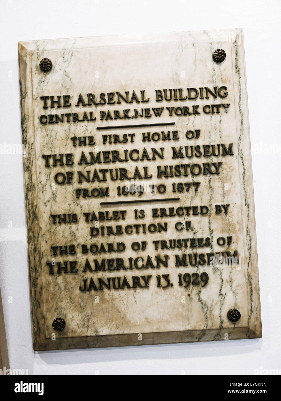 Gedenktafel im Arsenal im Central Park, New York, USA Stockfoto