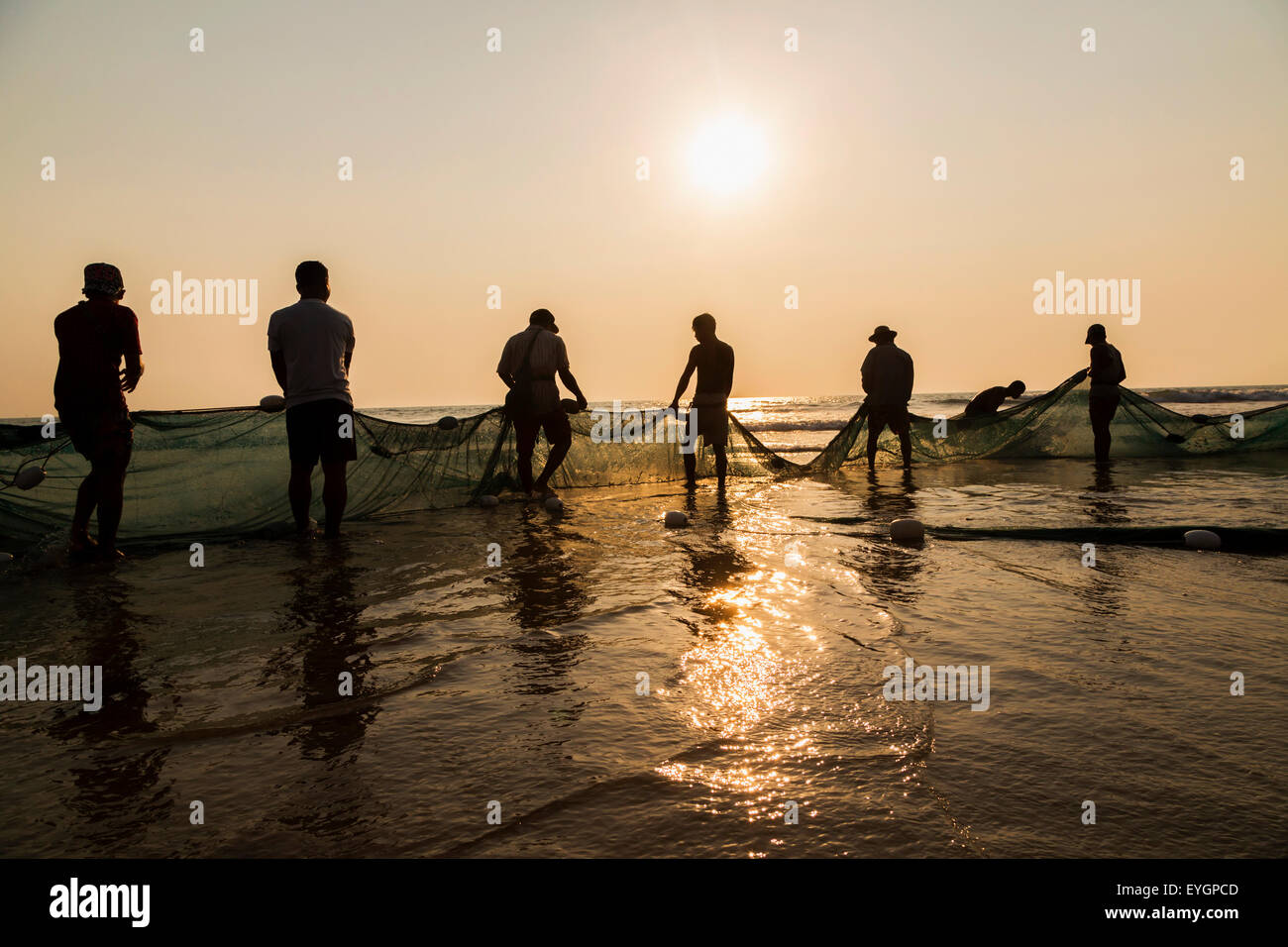 Eine Gruppe von Fischern ziehen Netze aus dem Meer, in Gold-farbigen Sonnenuntergang Stockfoto