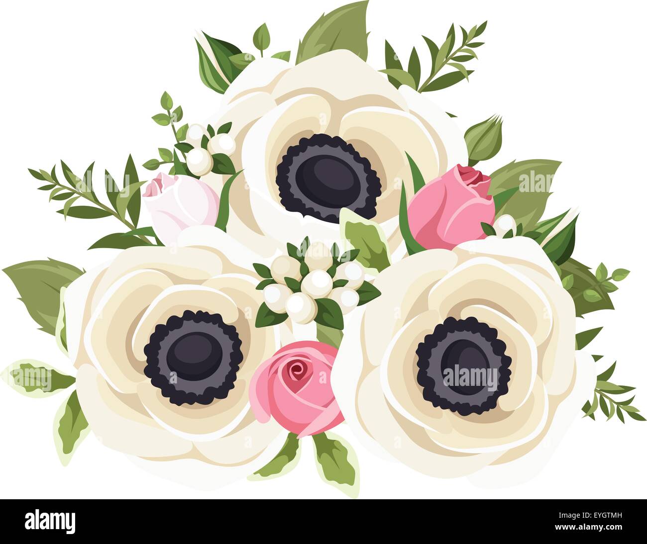 Blumenstrauß weiße Anemone und rosa Rosenknospen. Vektor-Illustration. Stock Vektor