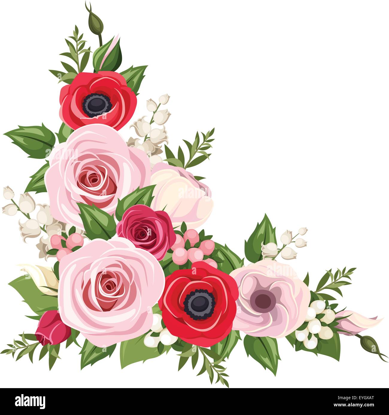 Rote Und Rosa Rosen Lisianthus Und Anemone Blumen Und Maiglockchen Vektor Ecke Hintergrund Stock Vektorgrafik Alamy