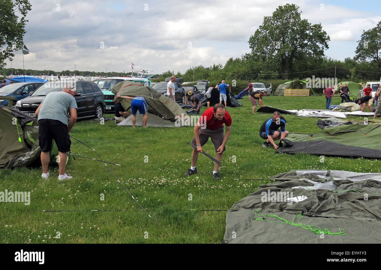 Zufällige Leute auf dem Campingplatz, die Zelte auf einem Feld aufstellen müssen Stockfoto