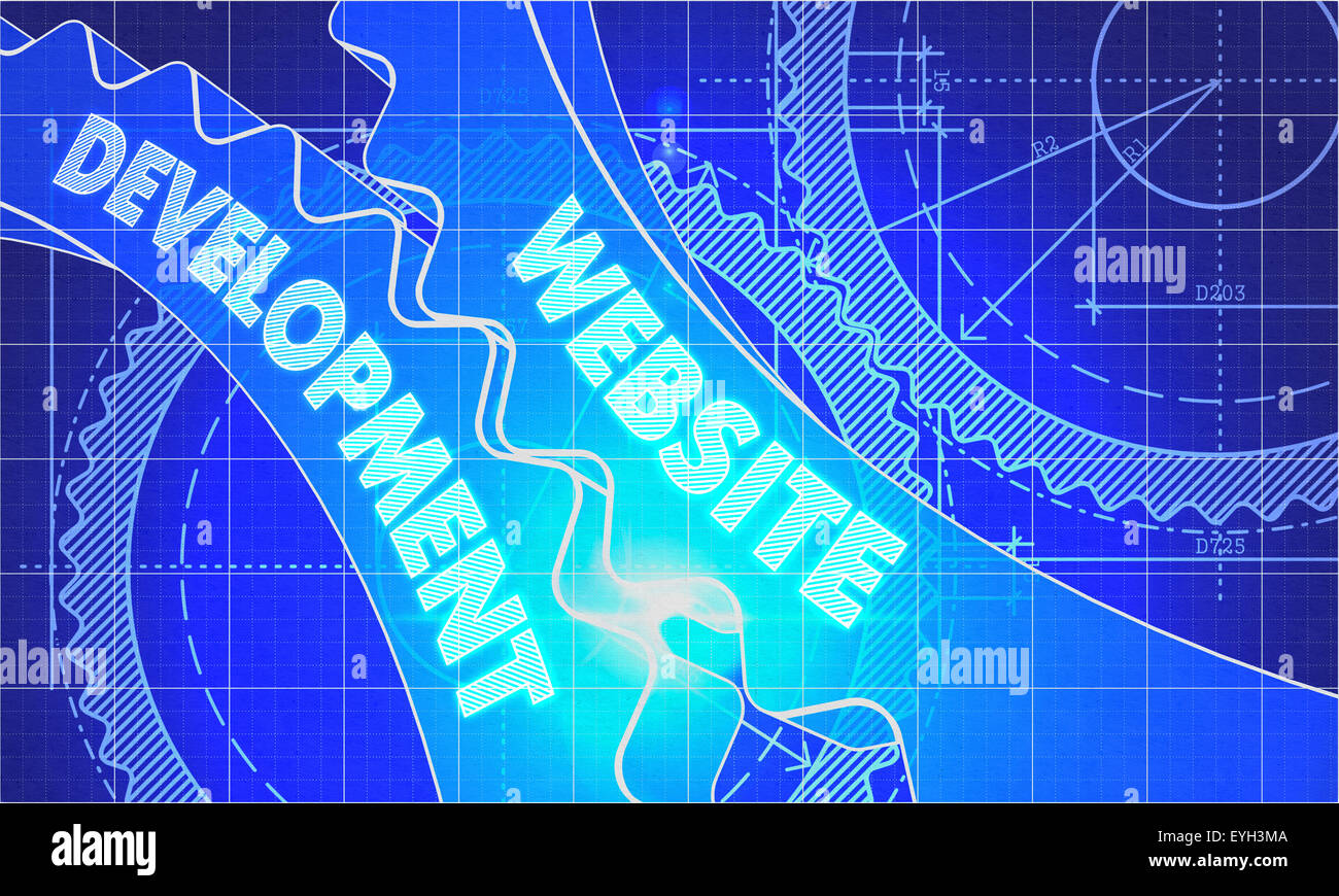 Website-Entwicklung auf die Zahnräder. Bauplan-Stil. Stockfoto