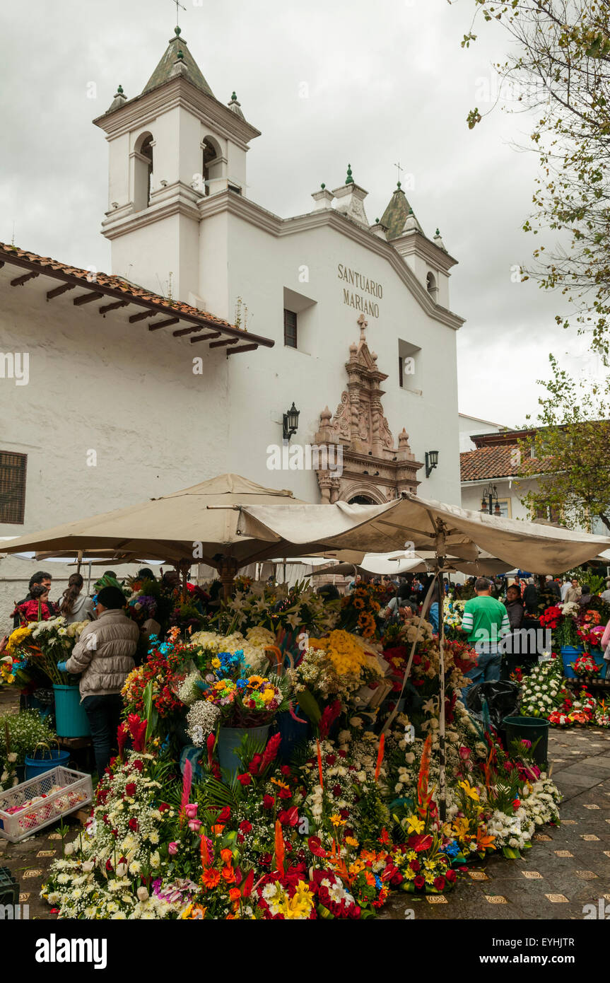 Blumenmarkt und Iglesia del Carmen de Ascuncion, Cuenca, Ecuador Stockfoto