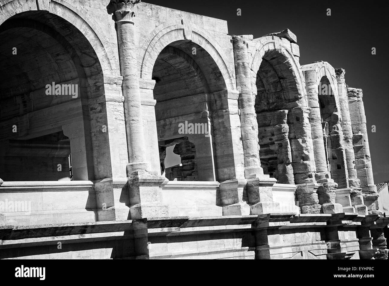 Die Fassade der Roman Arena in Arles, Frankreich. Stockfoto