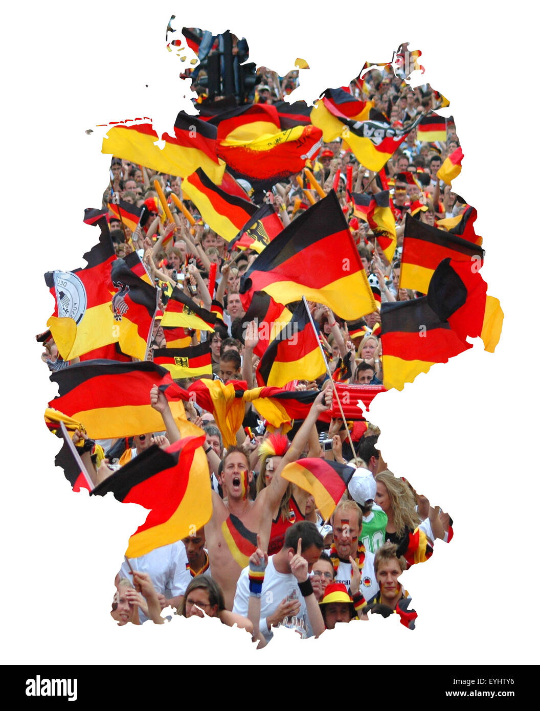 Symbolbild: Bundesrepublik Deutschland: Laenderumriss Mit Flagge Und Jubelnden Fussballfans / symbolischen Bild: Bundesrepublik Deutschland Stockfoto