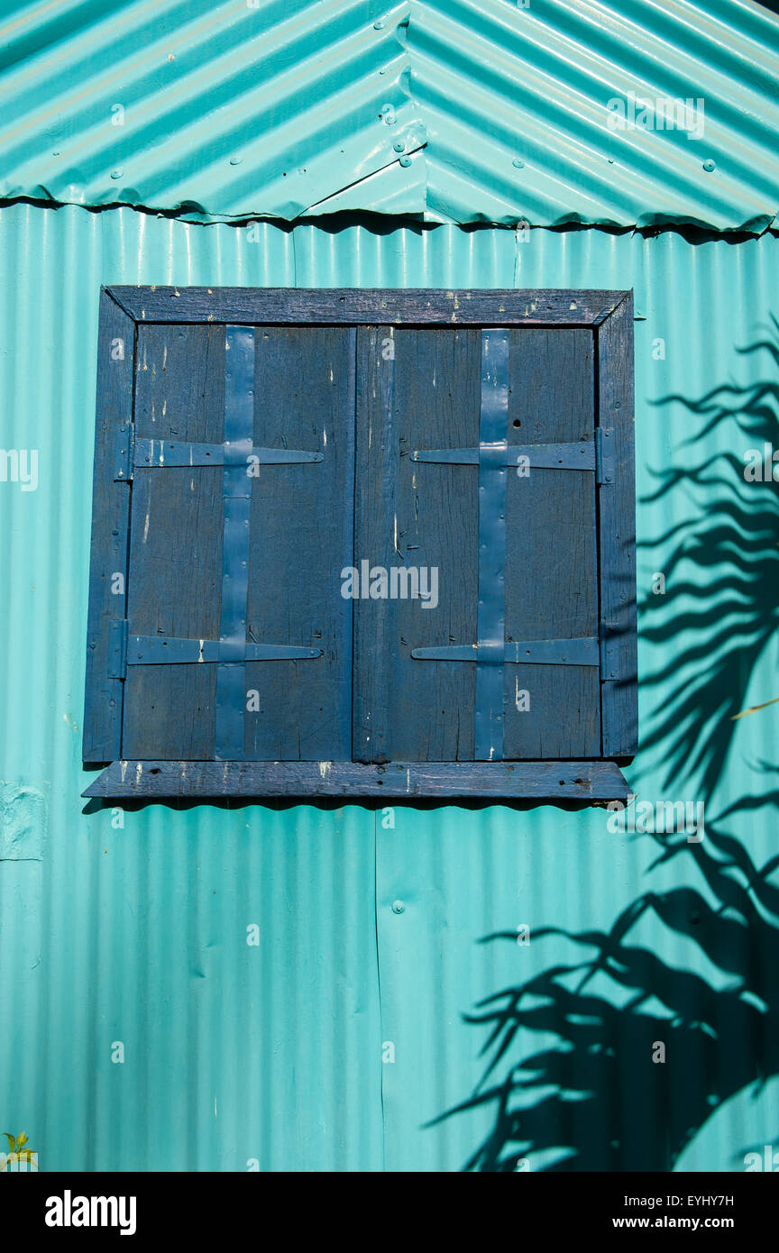 Flic En Flac, Mauritius. Blaue Fensterläden auf eine türkise gewellte Wand mit Palm Leaf Schatten geschlossen. Stockfoto