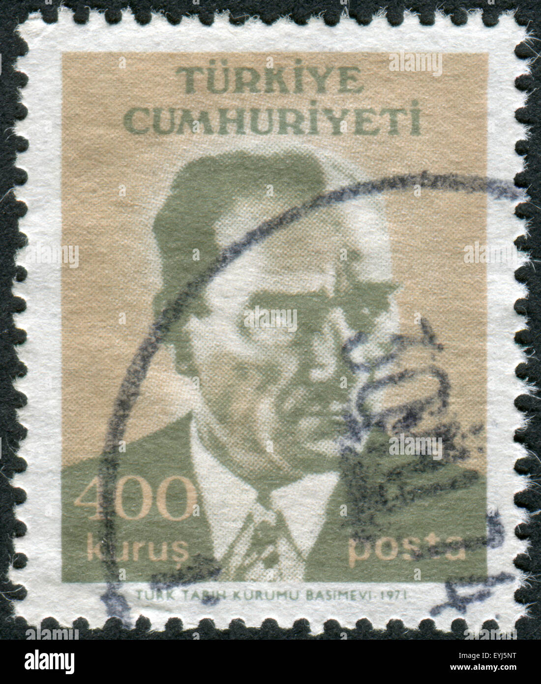 Briefmarke gedruckt in der Türkei, dargestellt der 1. Präsident der Türkei, Mustafa Kemal Pascha (Atatürk) Stockfoto