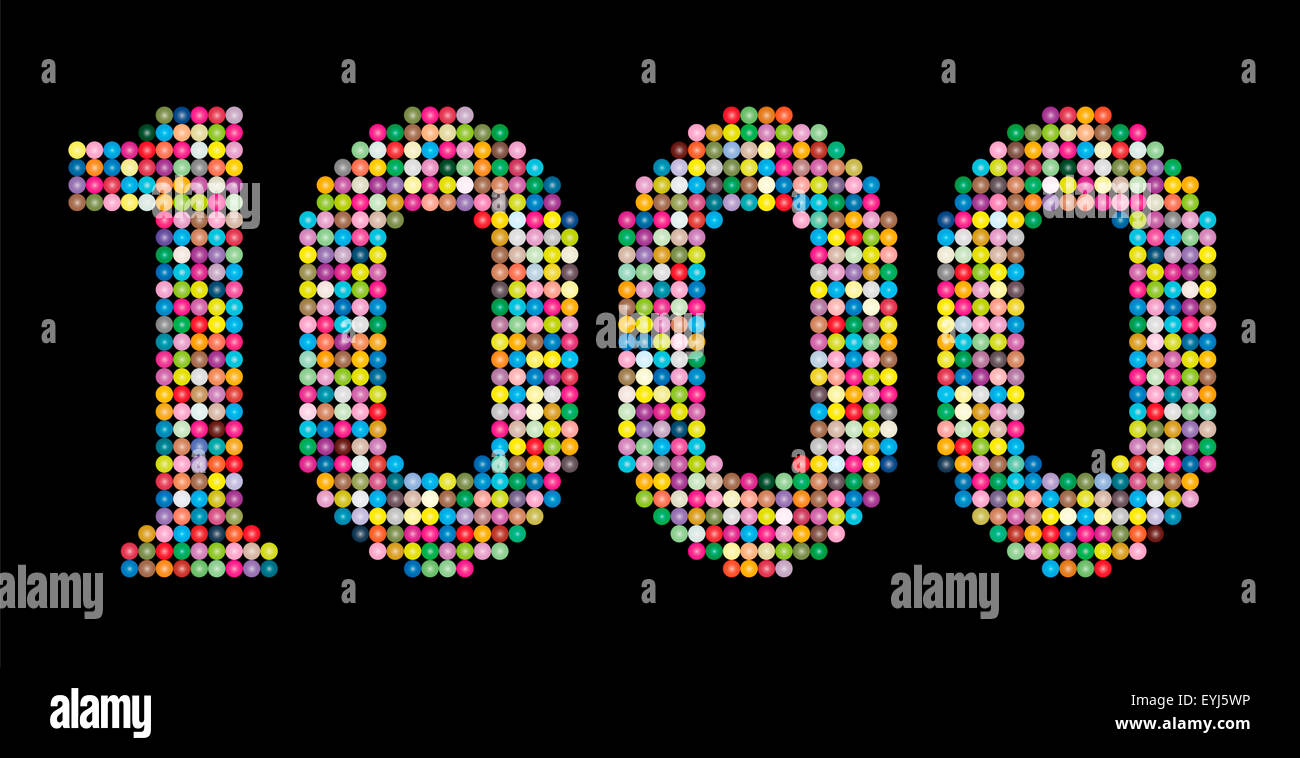 Nummer 1000 bestehend aus genau tausend bunten Teilchen wie Murmeln, Perlen oder Kugeln. Stockfoto